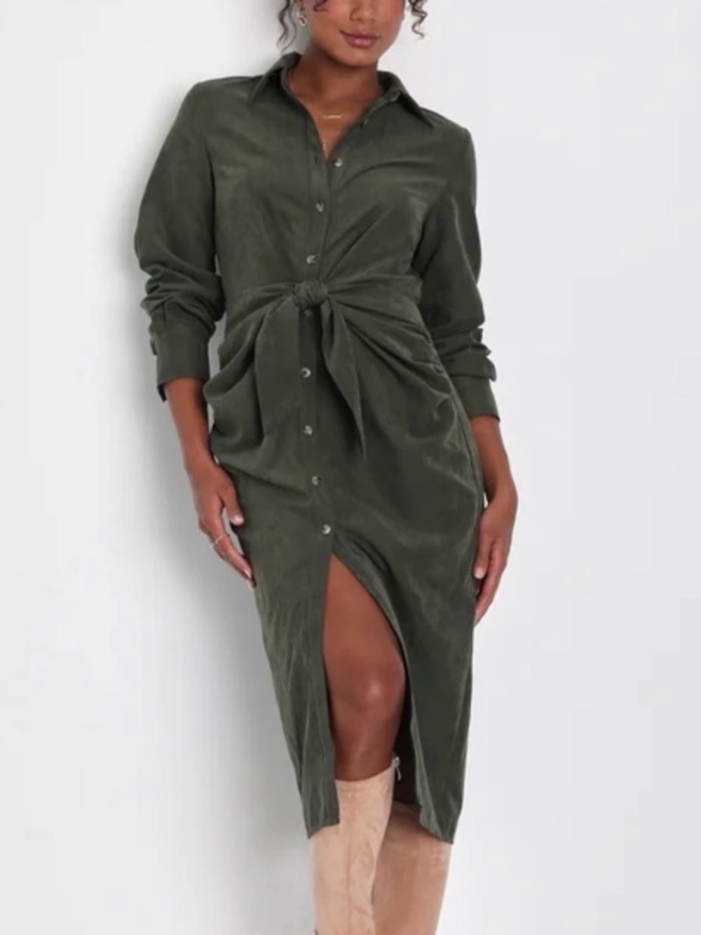 Lulu’s Olive Green Button-Front Tie-Waist Shirt Dress Large